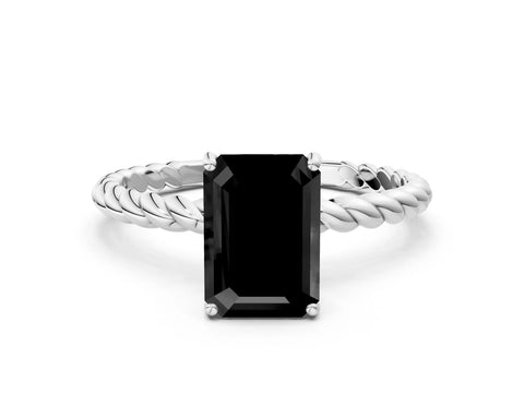 White gold Fancy Black Emerald Cut Solitaire Twisted Band 4-Prong Ring_24