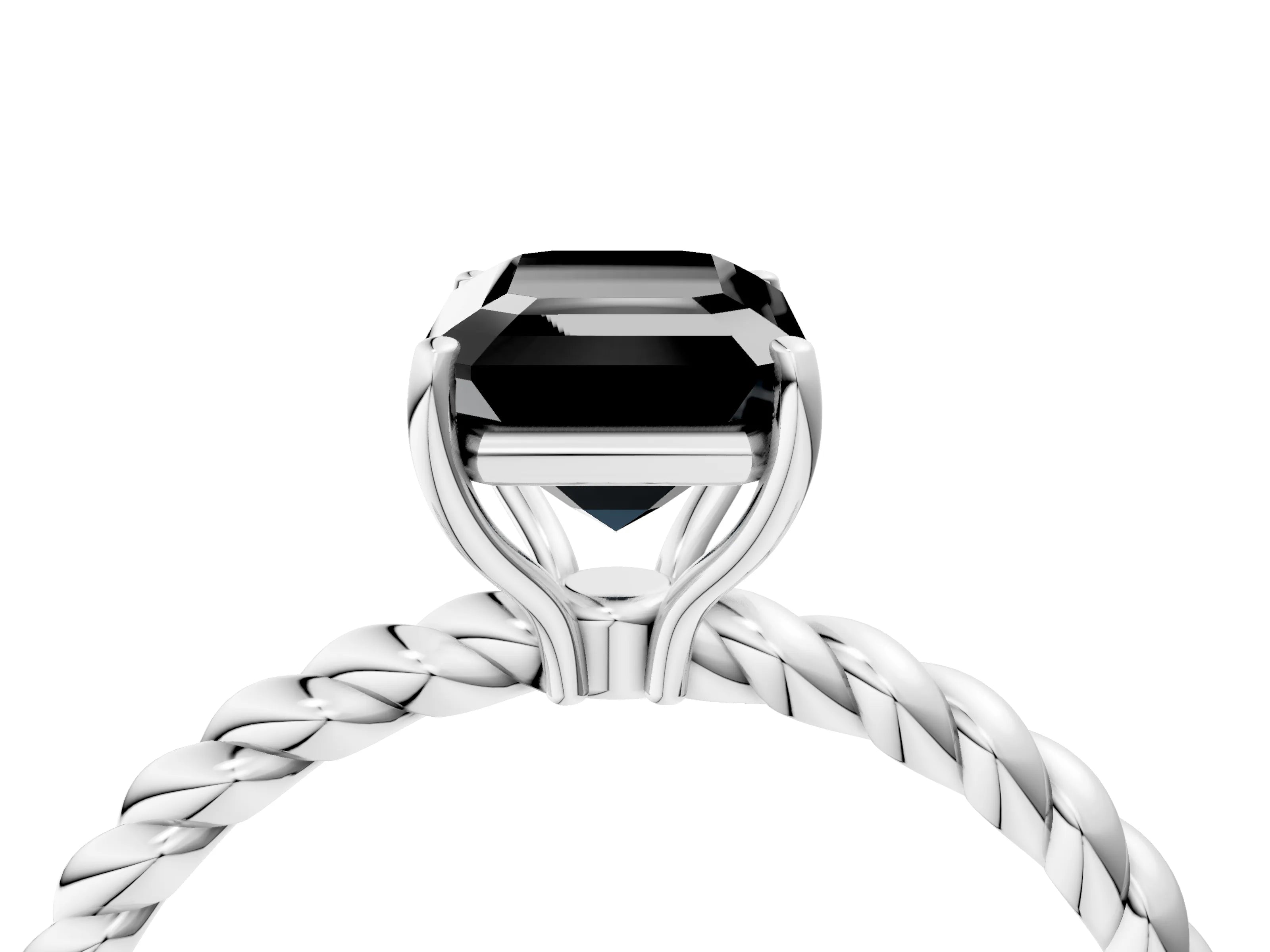 White gold Fancy Black Emerald Cut Solitaire Twisted Band 4-Prong Ring_28