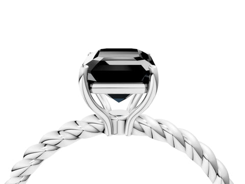 White gold Fancy Black Emerald Cut Solitaire Twisted Band 4-Prong Ring_28