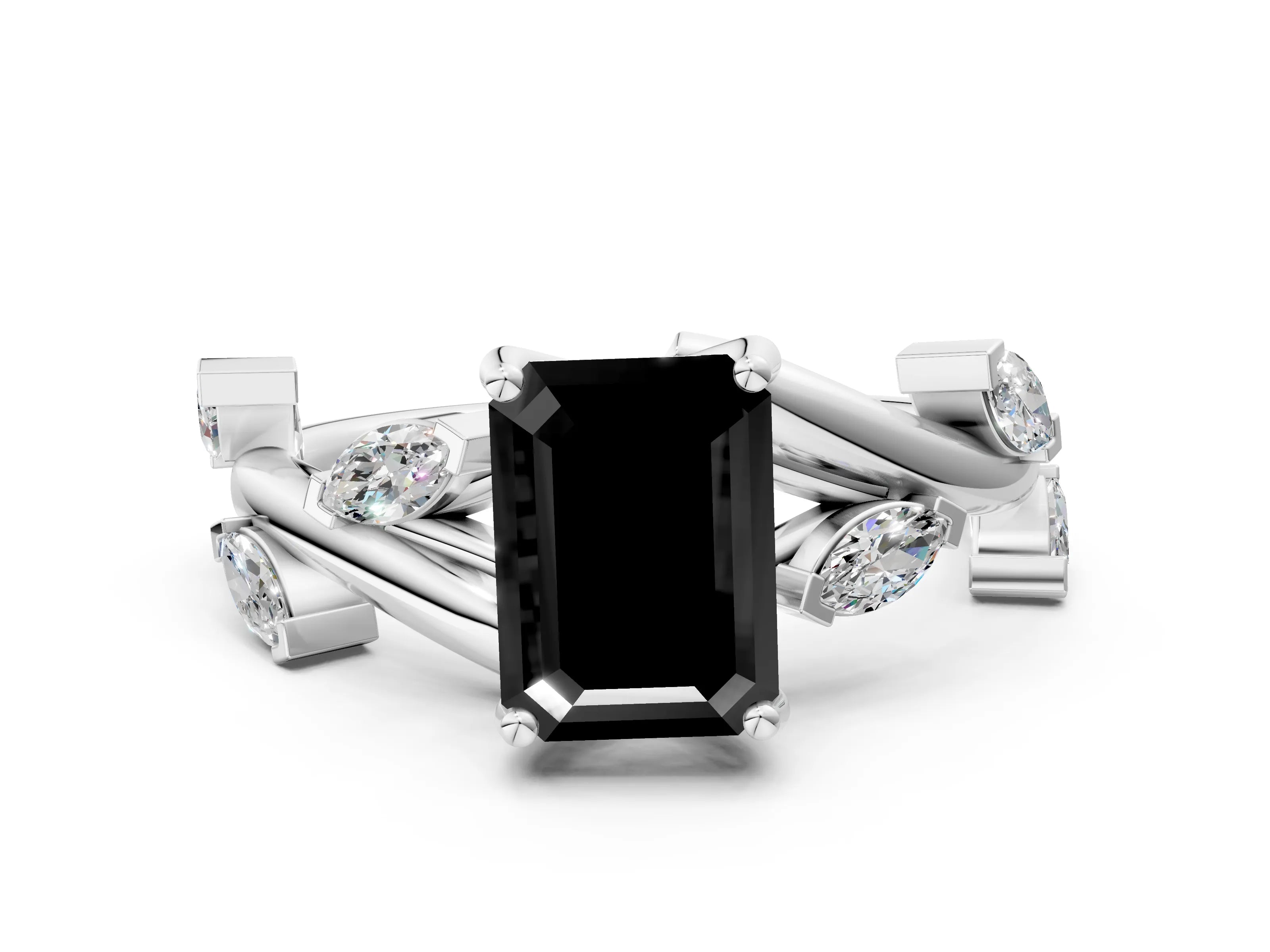 White gold Fancy Black Emerald Cut Solitaire Twisted Band Marquise Accent Prong Setting Ring