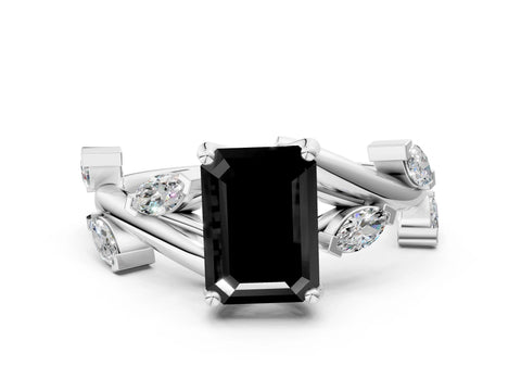 White gold Fancy Black Emerald Cut Solitaire Twisted Band Marquise Accent Prong Setting Ring