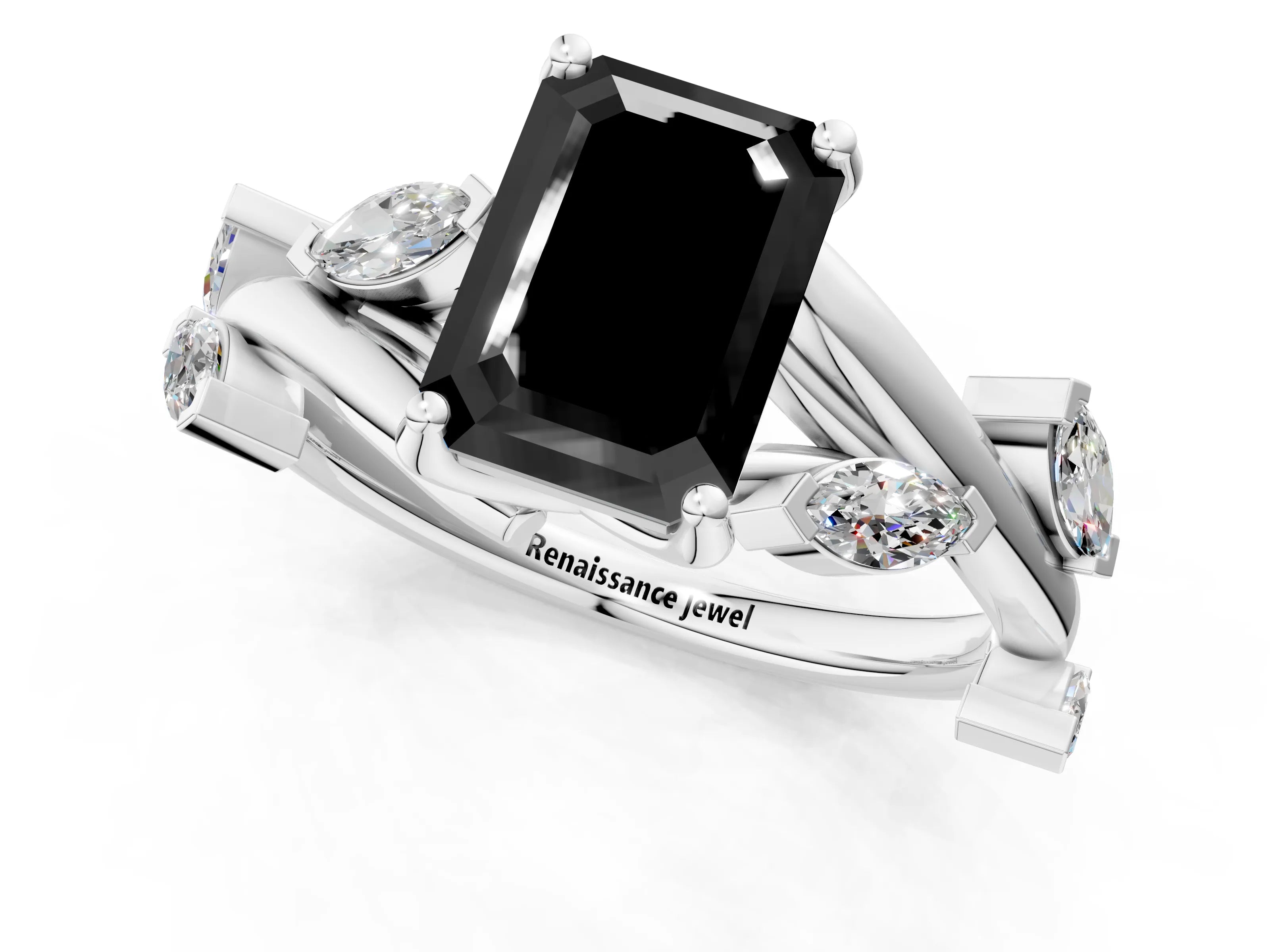 White gold Fancy Black Emerald Cut Solitaire Twisted Band Marquise Accent Prong Setting Ring_1