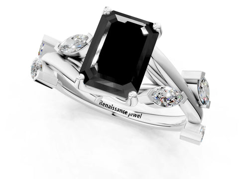 White gold Fancy Black Emerald Cut Solitaire Twisted Band Marquise Accent Prong Setting Ring_1