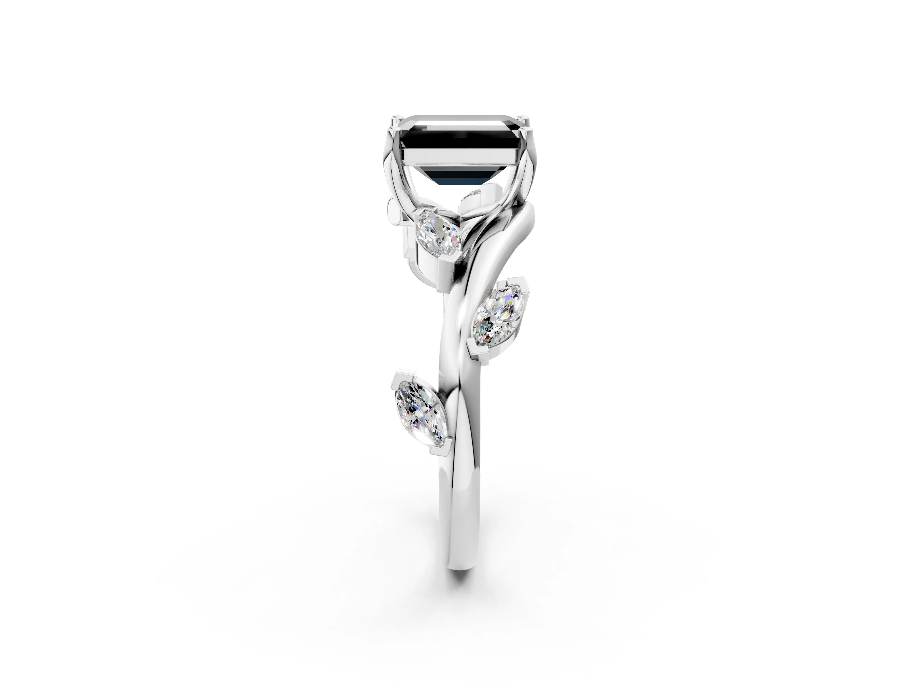 White gold Fancy Black Emerald Cut Solitaire Twisted Band Marquise Accent Prong Setting Ring_2