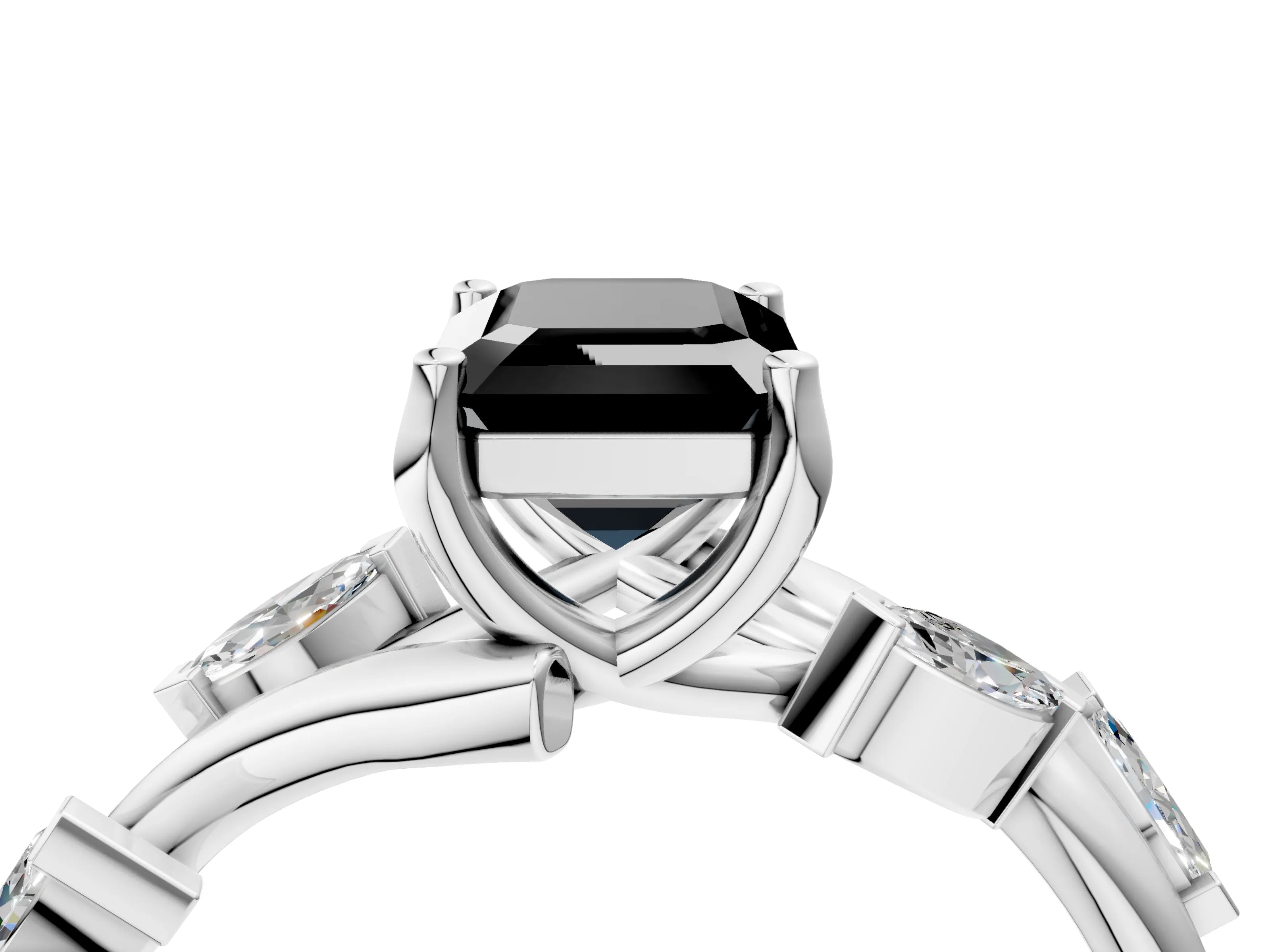 White gold Fancy Black Emerald Cut Solitaire Twisted Band Marquise Accent Prong Setting Ring_4