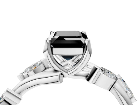 White gold Fancy Black Emerald Cut Solitaire Twisted Band Marquise Accent Prong Setting Ring_4