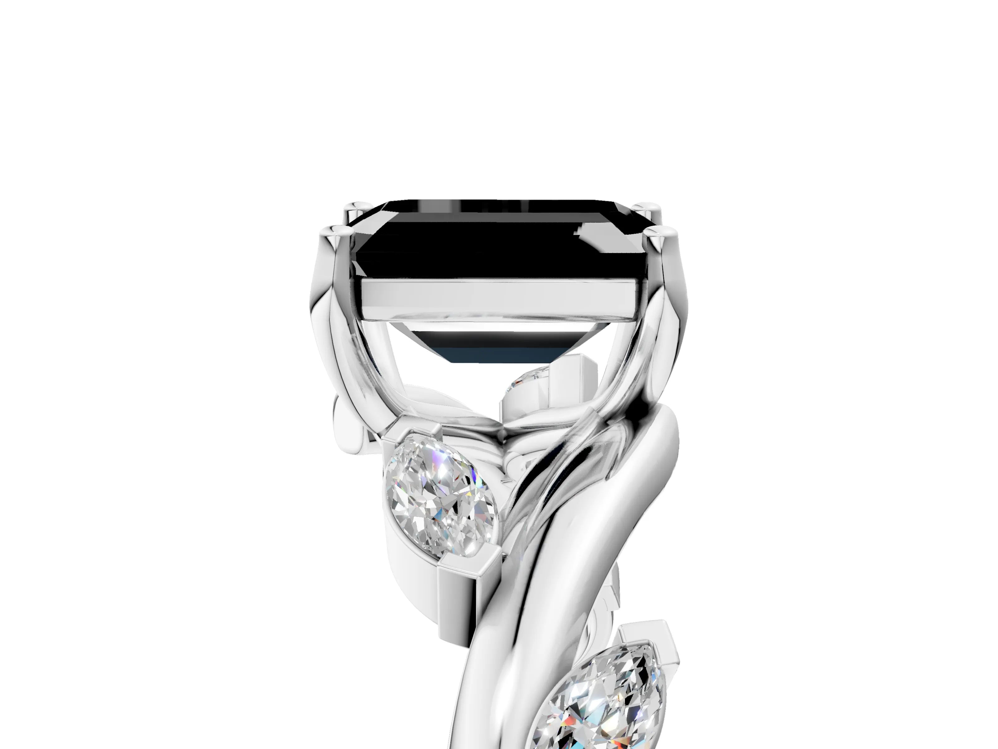White gold Fancy Black Emerald Cut Solitaire Twisted Band Marquise Accent Prong Setting Ring_5