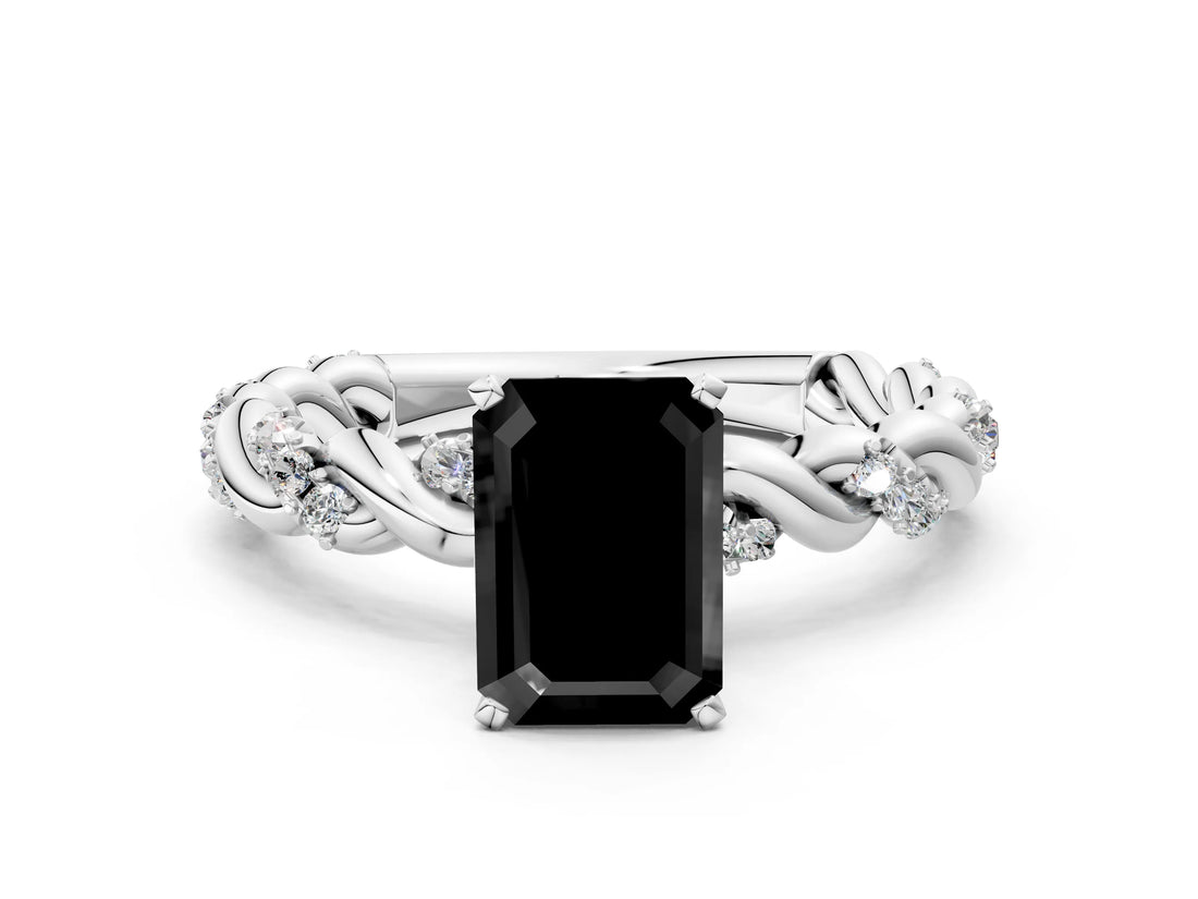 White gold Fancy Black Emerald Cut Solitaire Twisted Band with Pavé Accents and Four-Prong Setting