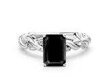 White gold Fancy Black Emerald Cut Solitaire Twisted Band with Pavé Accents and Four-Prong Setting
