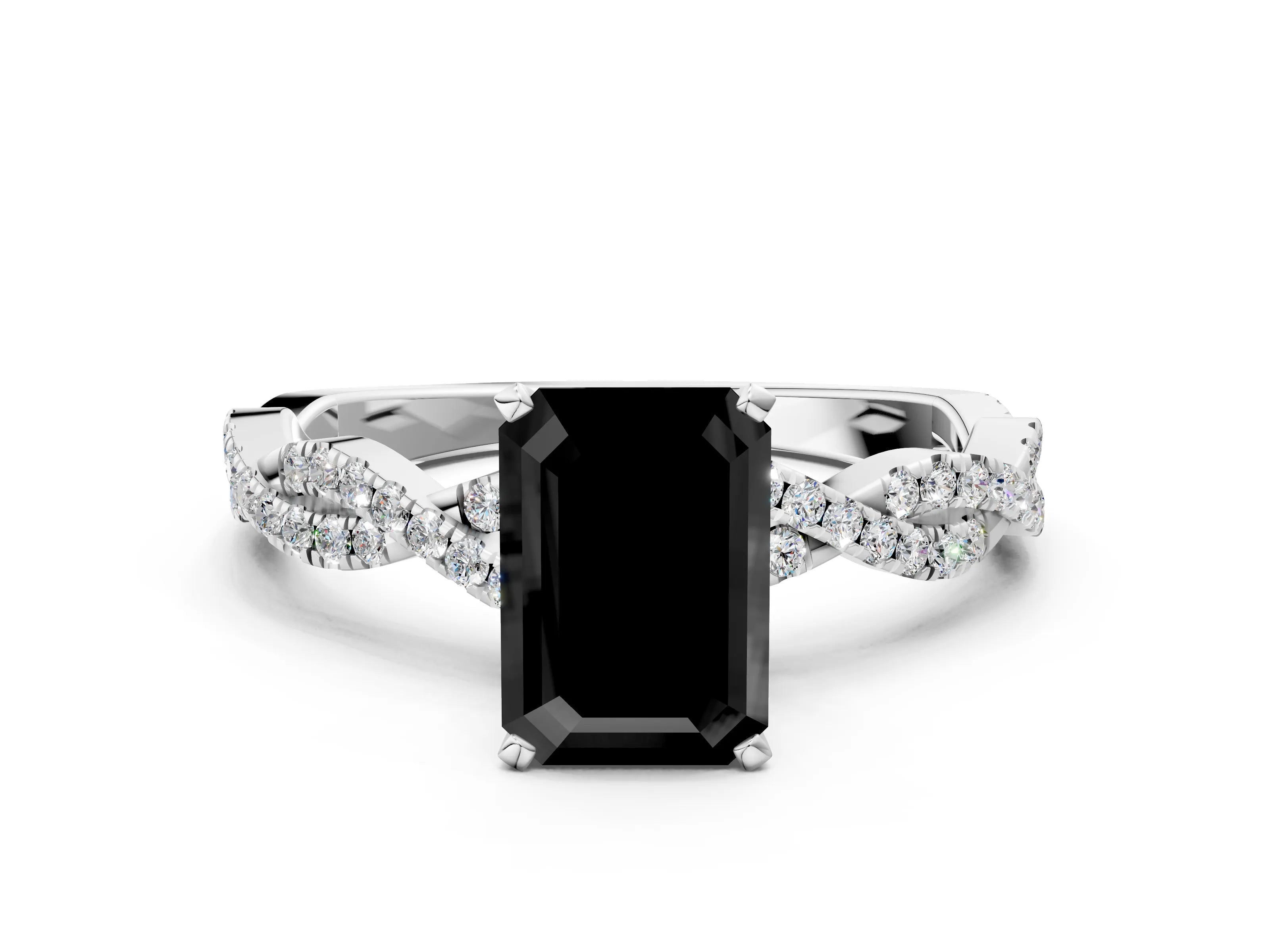 White gold Fancy Black Emerald Cut Solitaire Twisted Pave Band with Four-Prong Setting_15