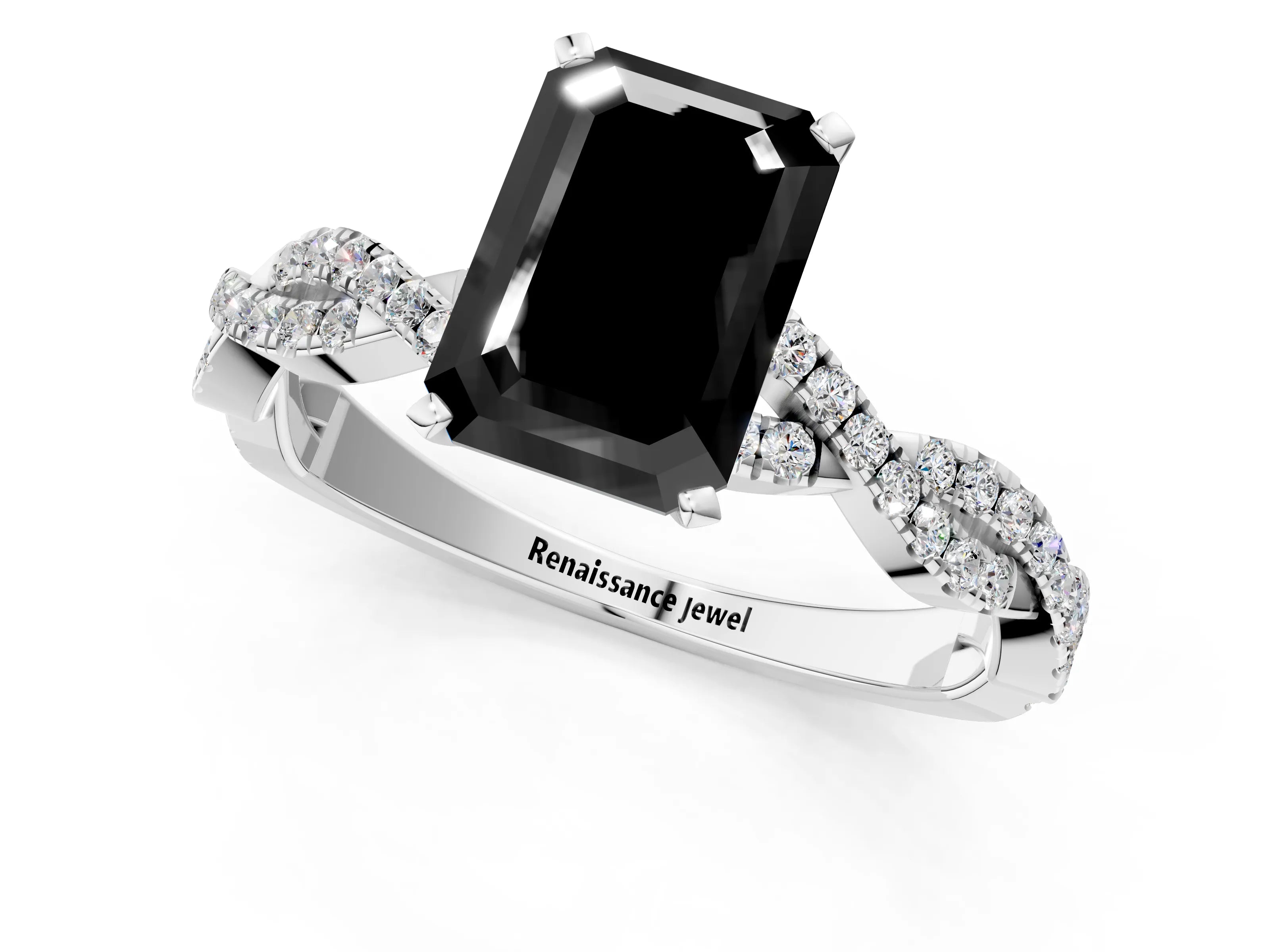 White gold Fancy Black Emerald Cut Solitaire Twisted Pave Band with Four-Prong Setting_16