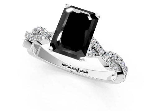 White gold Fancy Black Emerald Cut Solitaire Twisted Pave Band with Four-Prong Setting_16