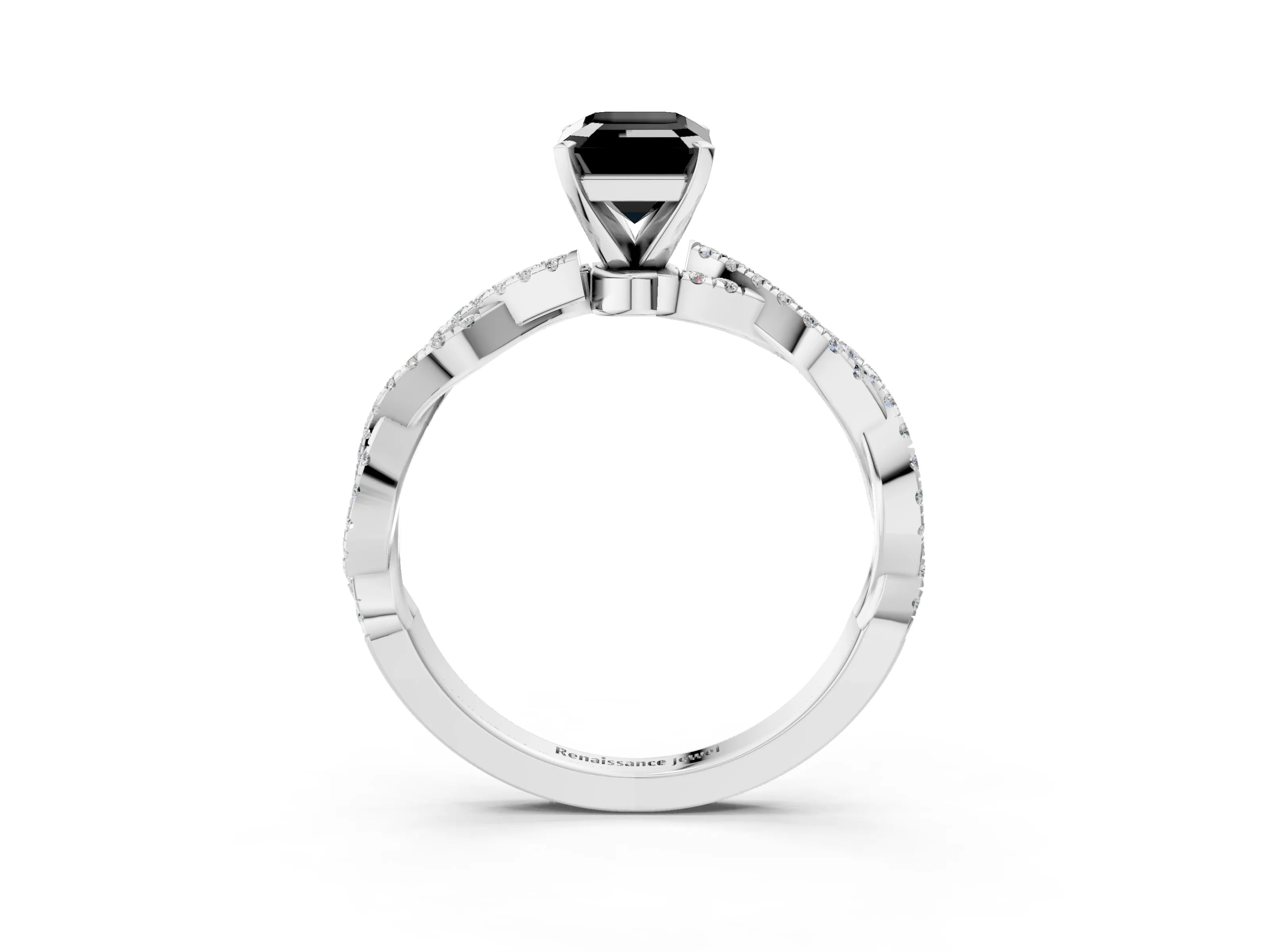 White gold Fancy Black Emerald Cut Solitaire Twisted Pave Band with Four-Prong Setting_18