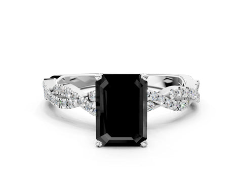 White gold Fancy Black Emerald Cut Solitaire Twisted Pave Band with Four-Prong Setting_3