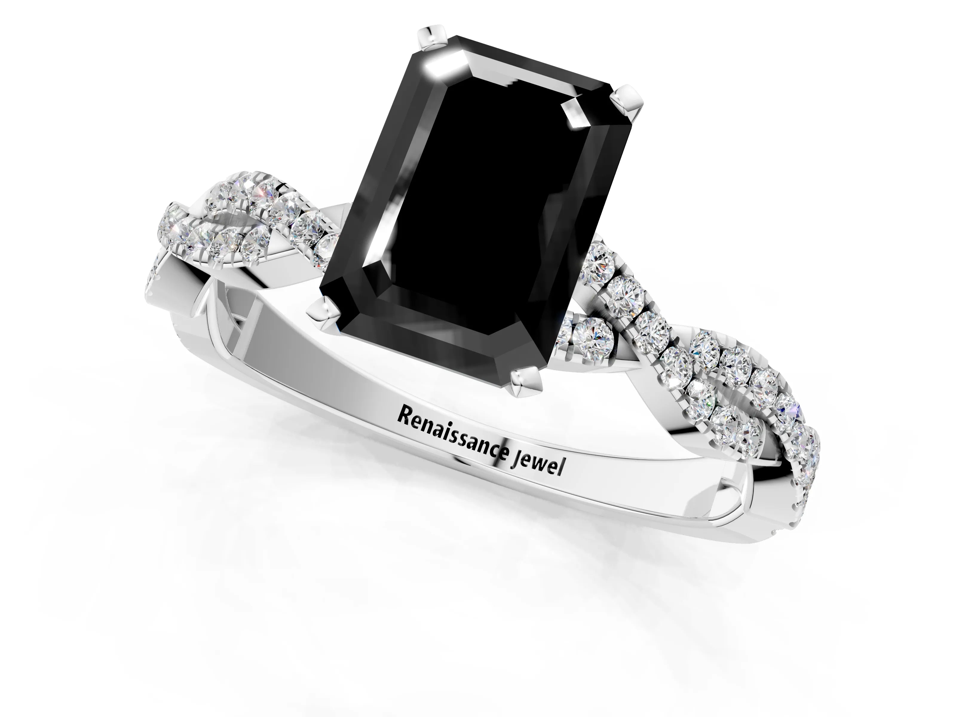 White gold Fancy Black Emerald Cut Solitaire Twisted Pave Band with Four-Prong Setting_4