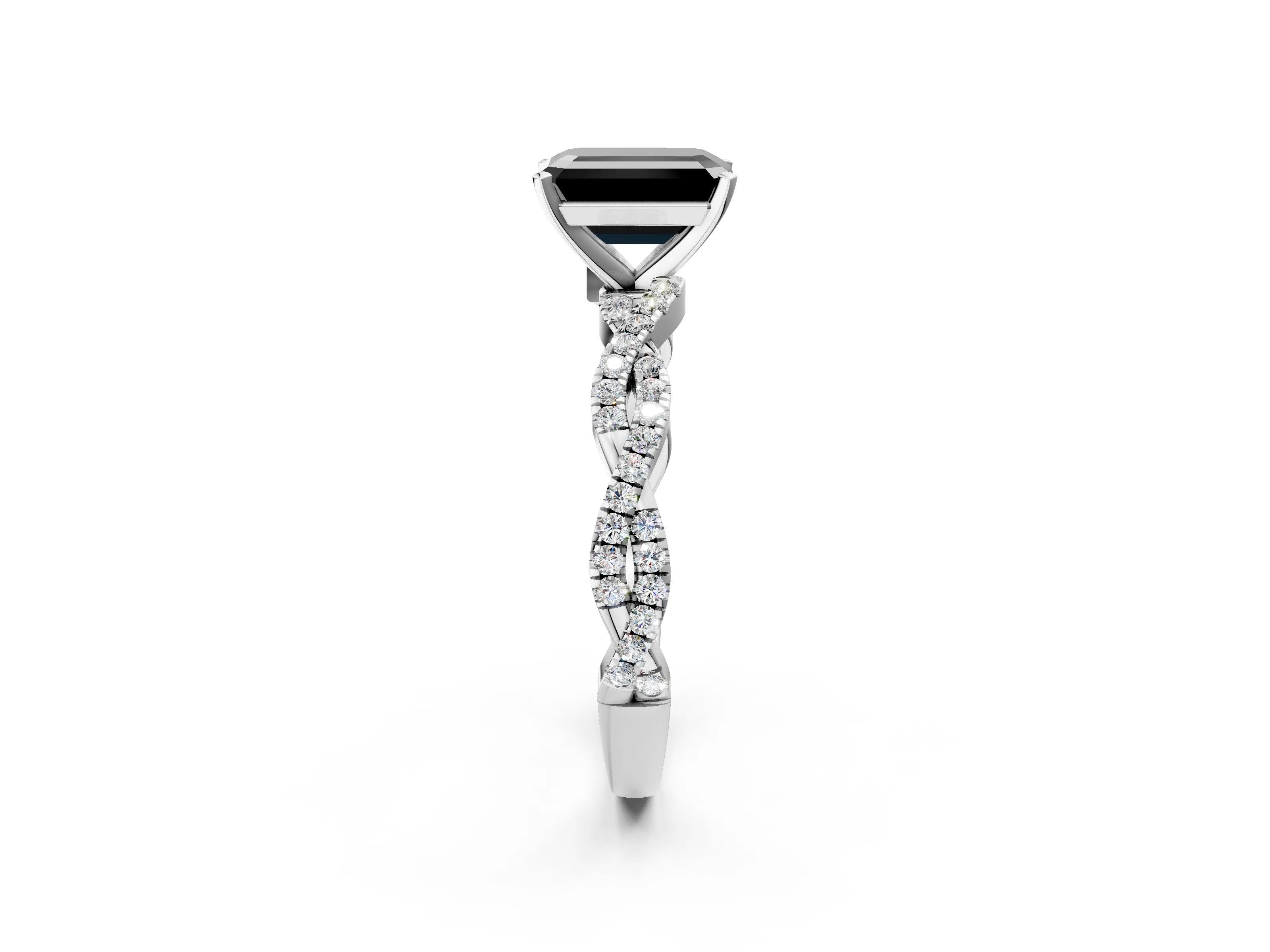 White gold Fancy Black Emerald Cut Solitaire Twisted Pave Band with Four-Prong Setting_5