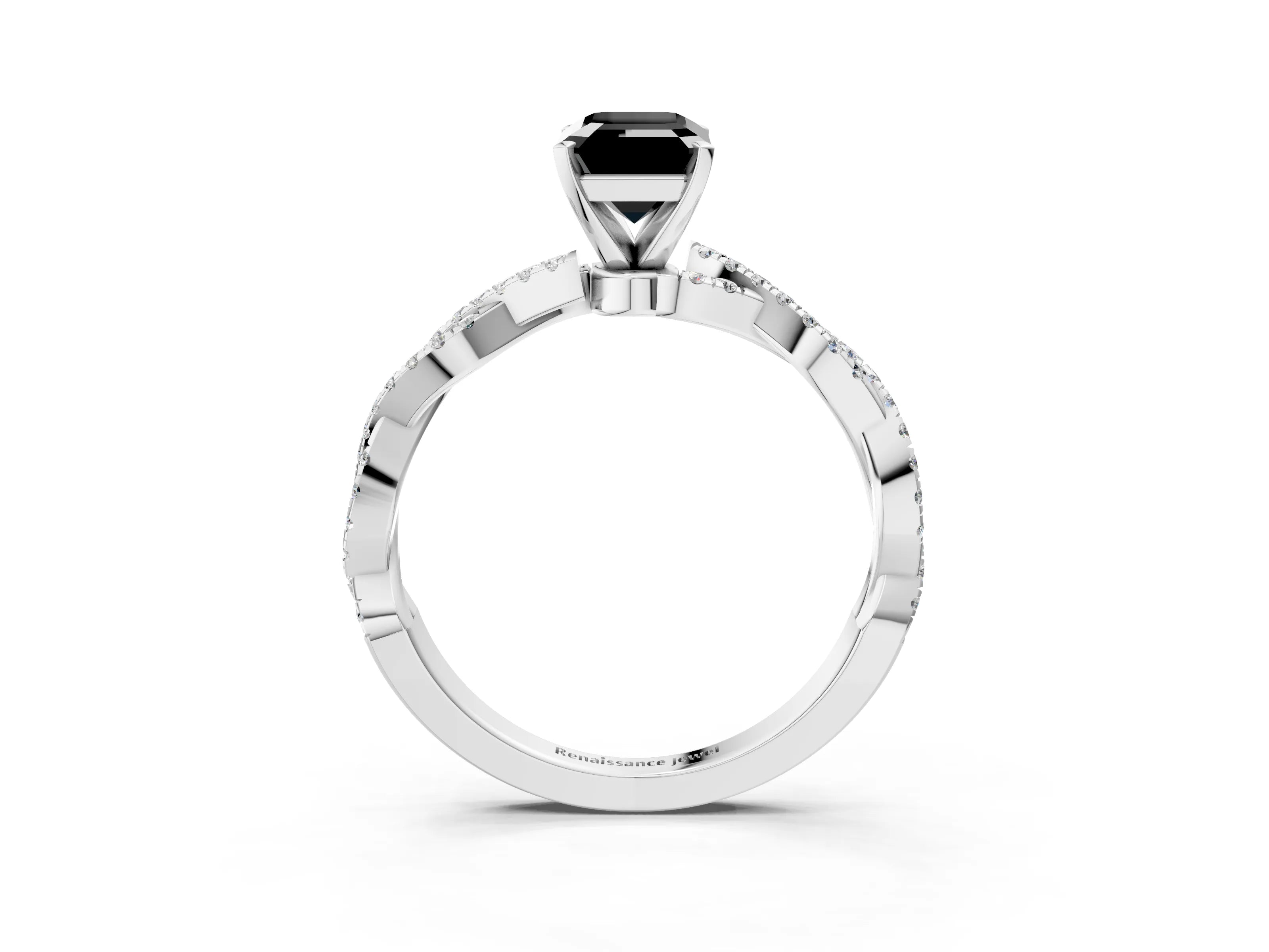 White gold Fancy Black Emerald Cut Solitaire Twisted Pave Band with Four-Prong Setting_6