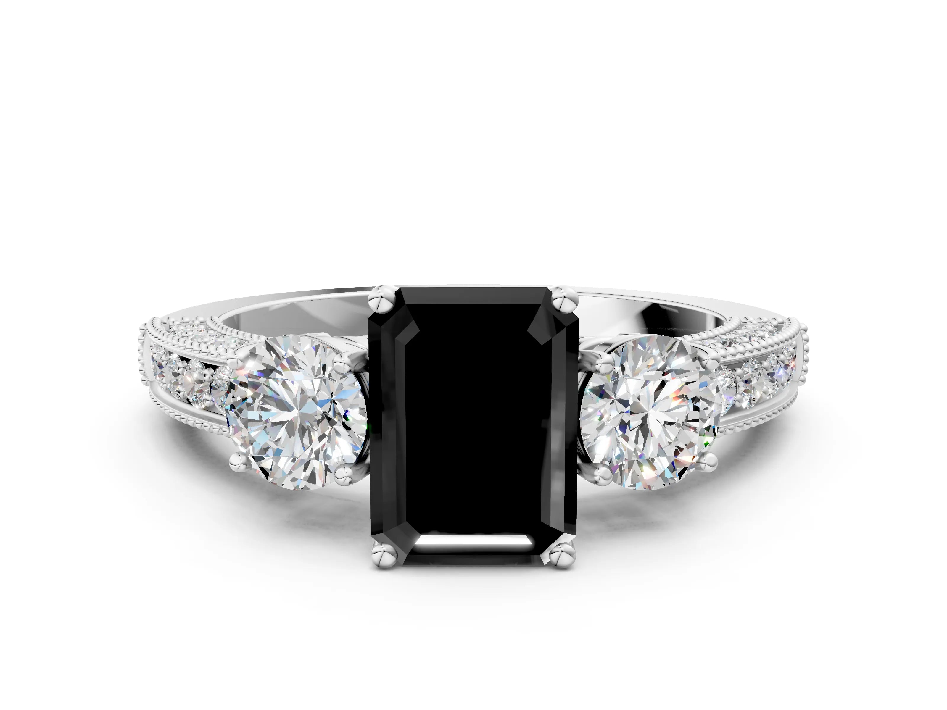 White gold Fancy Black Emerald Cut Three-Stone Diamond Ring with Pavé Band and Four-Prong Setting_12