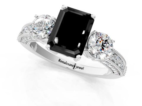 White gold Fancy Black Emerald Cut Three-Stone Diamond Ring with Pavé Band and Four-Prong Setting_13