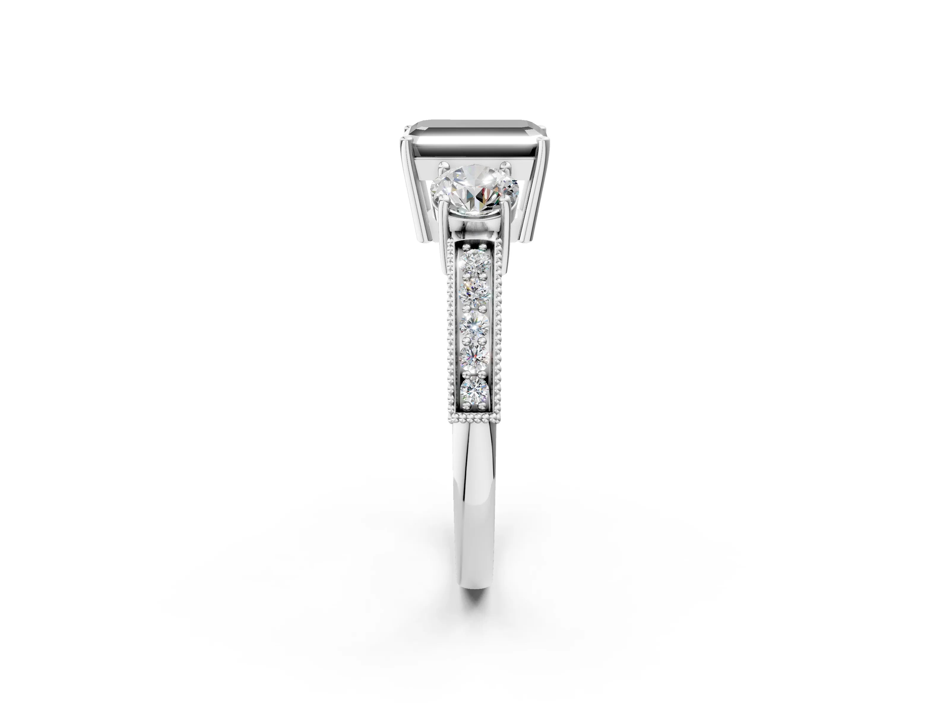 White gold Fancy Black Emerald Cut Three-Stone Diamond Ring with Pavé Band and Four-Prong Setting_14
