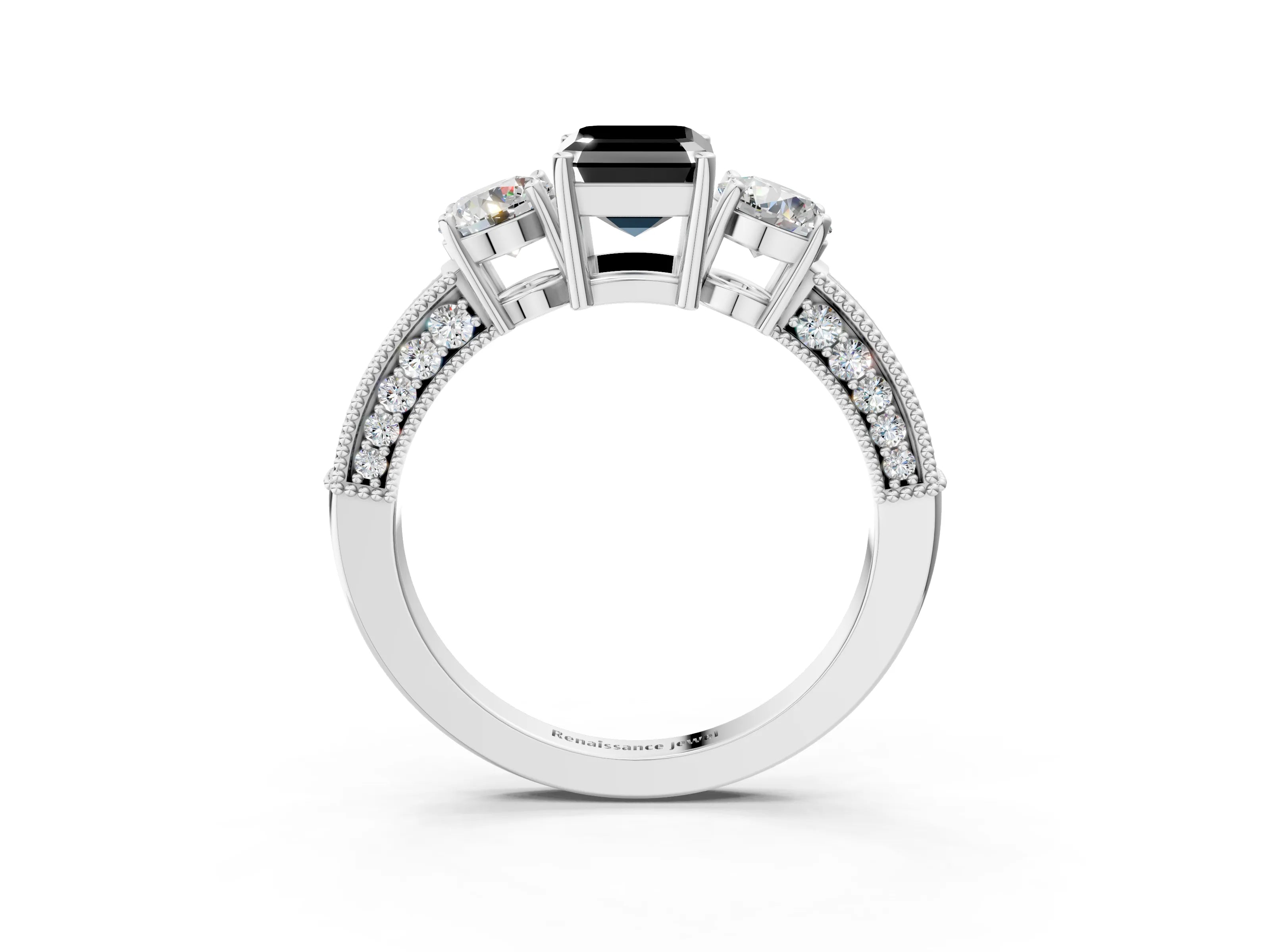 White gold Fancy Black Emerald Cut Three-Stone Diamond Ring with Pavé Band and Four-Prong Setting_15