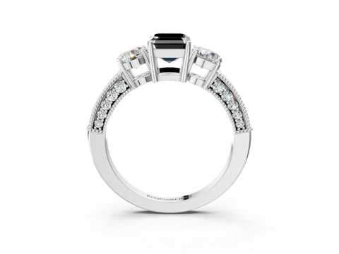 White gold Fancy Black Emerald Cut Three-Stone Diamond Ring with Pavé Band and Four-Prong Setting_15