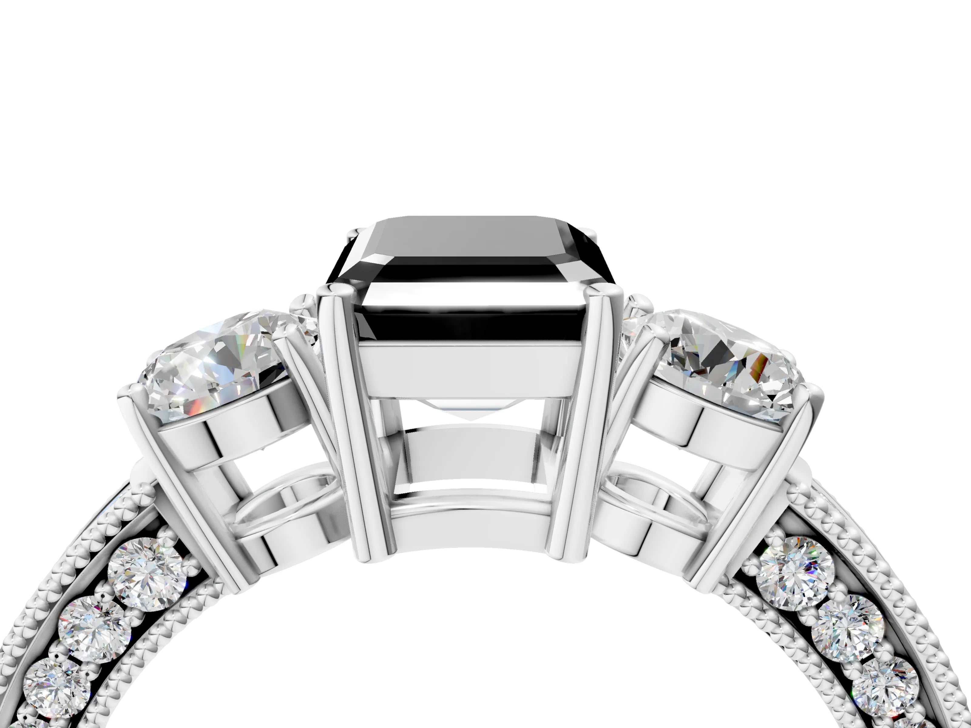 White gold Fancy Black Emerald Cut Three-Stone Diamond Ring with Pavé Band and Four-Prong Setting_16