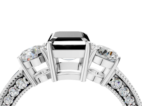 White gold Fancy Black Emerald Cut Three-Stone Diamond Ring with Pavé Band and Four-Prong Setting_16