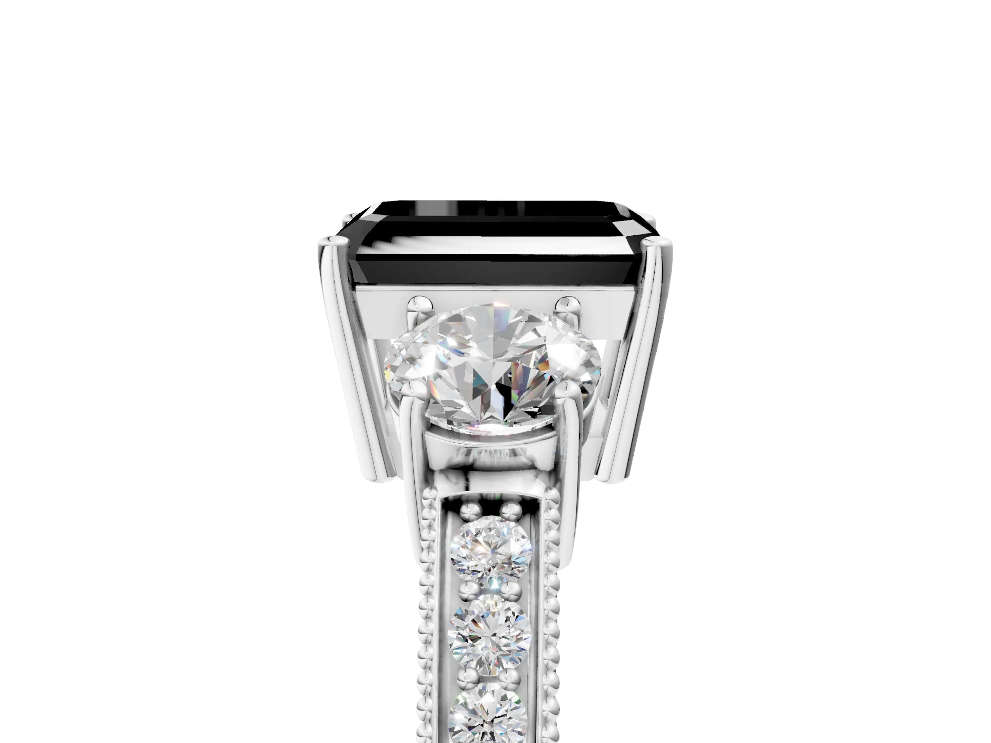 White gold Fancy Black Emerald Cut Three-Stone Diamond Ring with Pavé Band and Four-Prong Setting_17