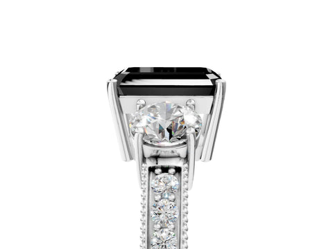 White gold Fancy Black Emerald Cut Three-Stone Diamond Ring with Pavé Band and Four-Prong Setting_17