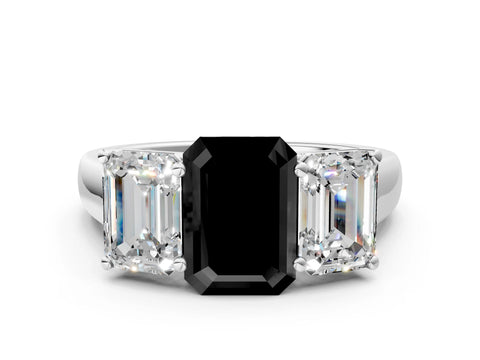 White gold Fancy Black Emerald Cut Three-Stone Diamond Ring with Prong Setting on a Classic Band