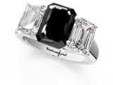 White gold Fancy Black Emerald Cut Three-Stone Diamond Ring with Prong Setting on a Classic Band_13