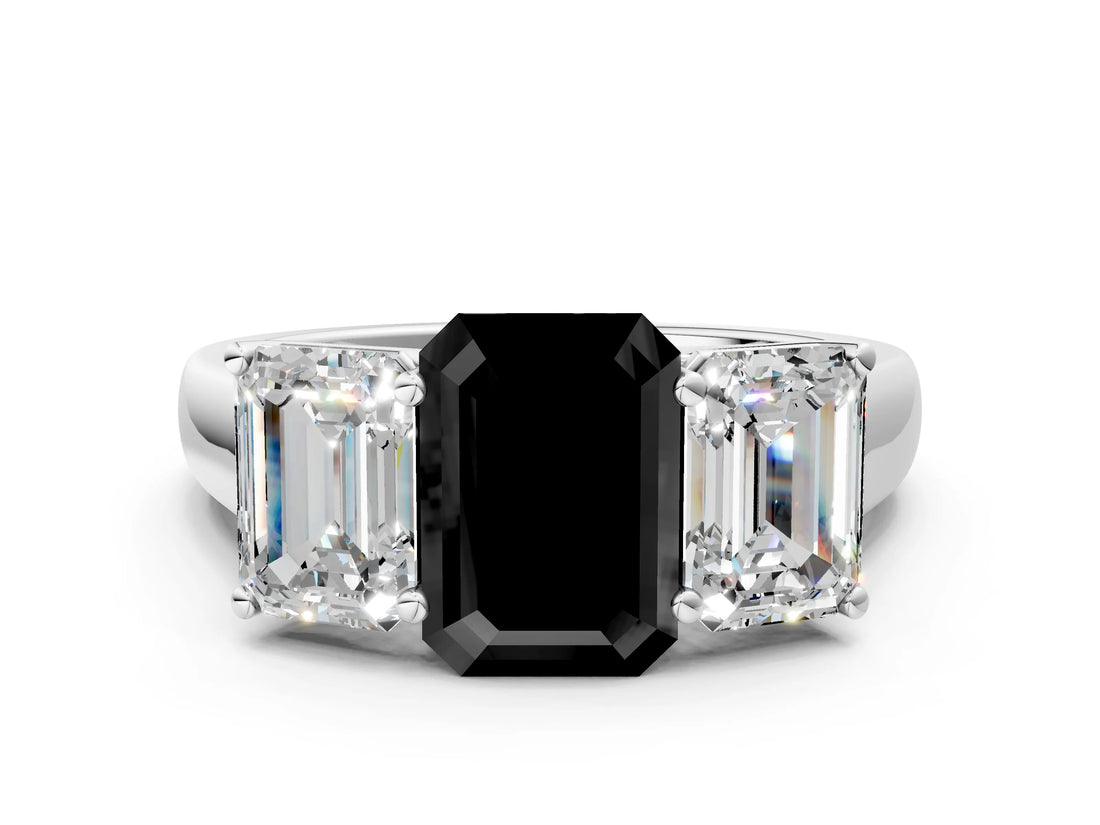 White gold Fancy Black Emerald Cut Three-Stone Diamond Ring with Prong Setting on a Classic Band_18