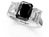 White gold Fancy Black Emerald Cut Three-Stone Diamond Ring with Prong Setting on a Classic Band_19