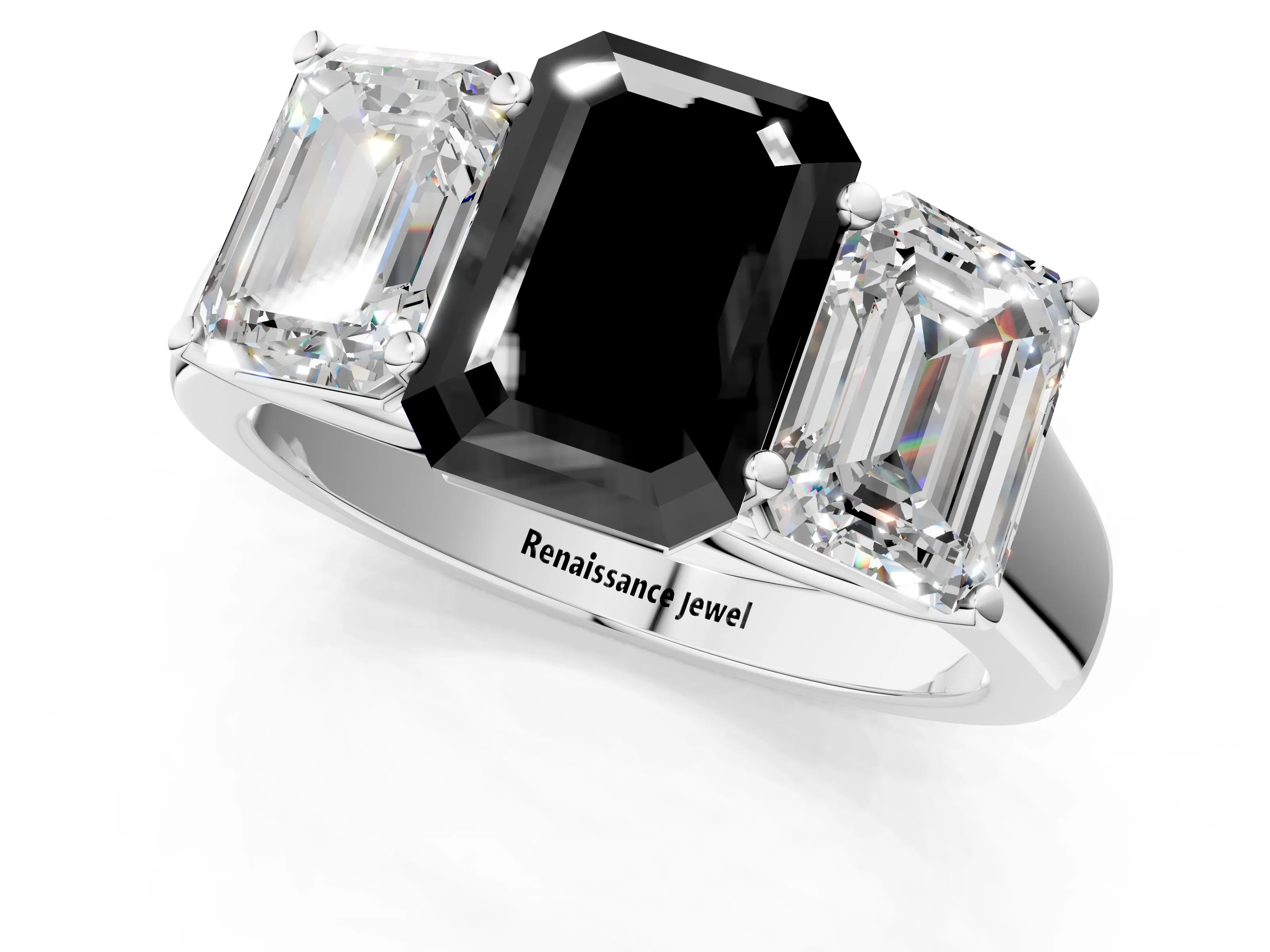 White gold Fancy Black Emerald Cut Three-Stone Diamond Ring with Prong Setting on a Classic Band_1