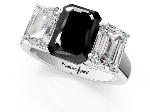 White gold Fancy Black Emerald Cut Three-Stone Diamond Ring with Prong Setting on a Classic Band_1