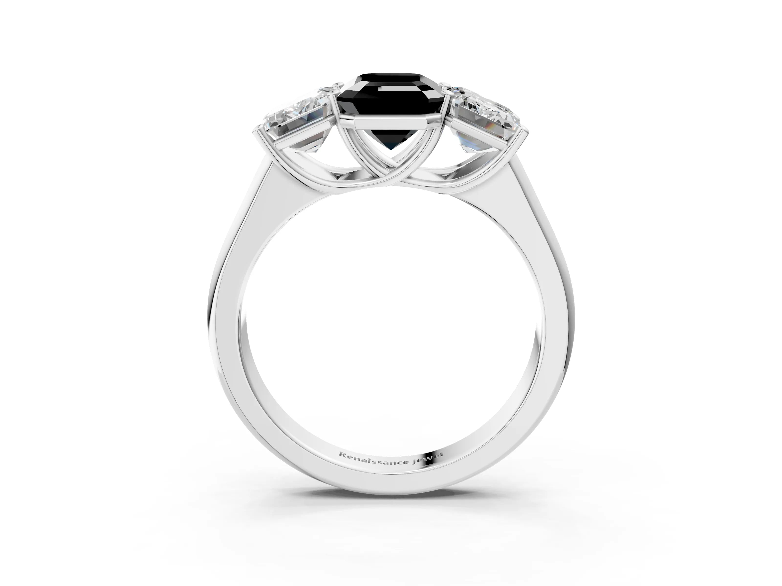 White gold Fancy Black Emerald Cut Three-Stone Diamond Ring with Prong Setting on a Classic Band_3