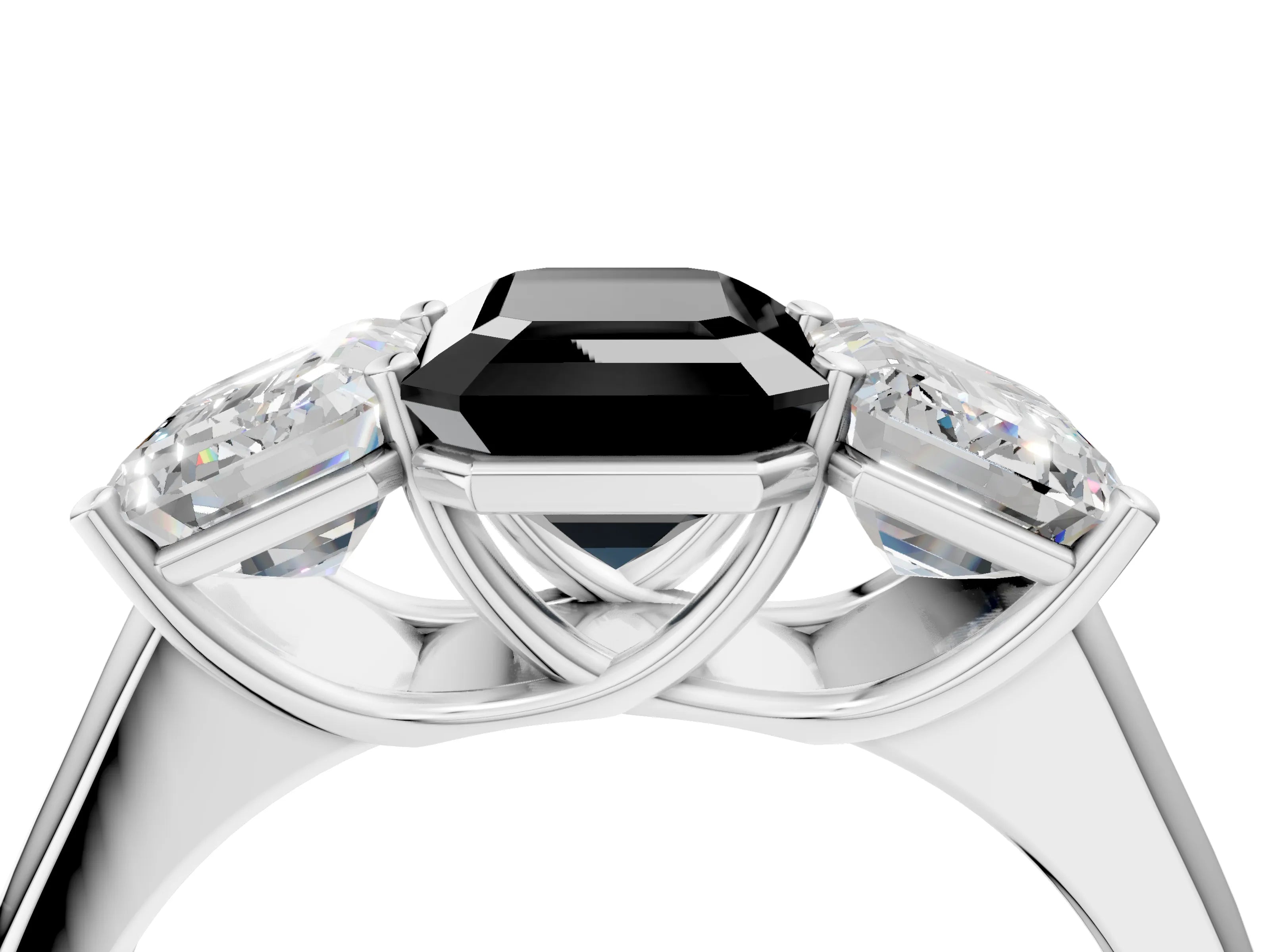 White gold Fancy Black Emerald Cut Three-Stone Diamond Ring with Prong Setting on a Classic Band_4