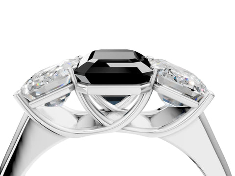White gold Fancy Black Emerald Cut Three-Stone Diamond Ring with Prong Setting on a Classic Band_4
