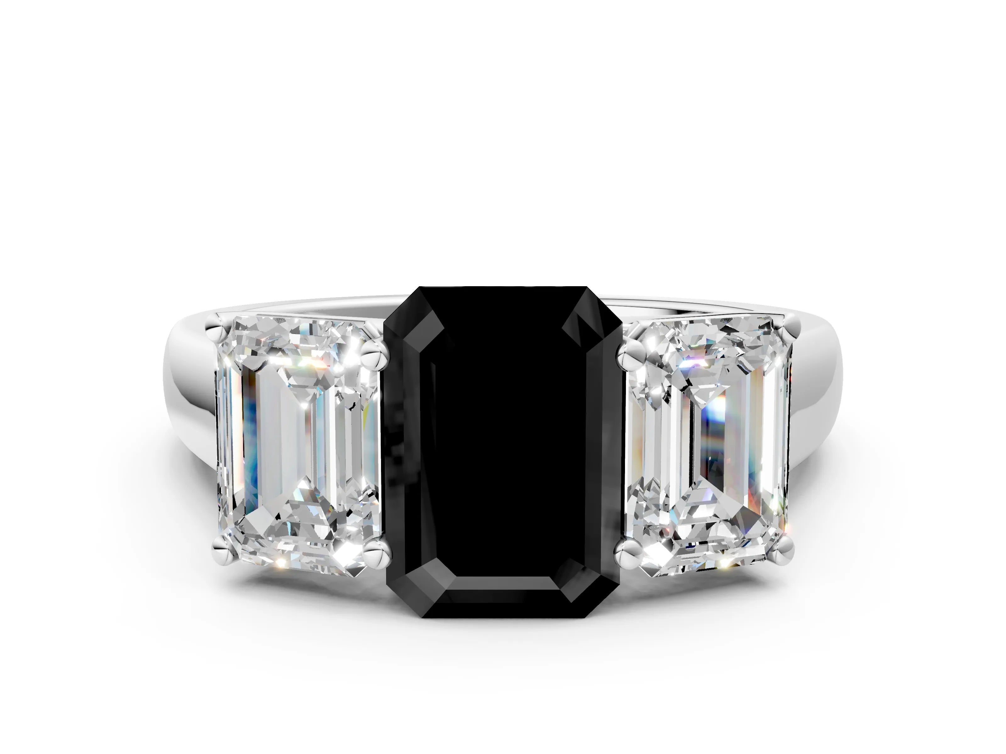 White gold Fancy Black Emerald Cut Three-Stone Diamond Ring with Prong Setting on a Classic Band