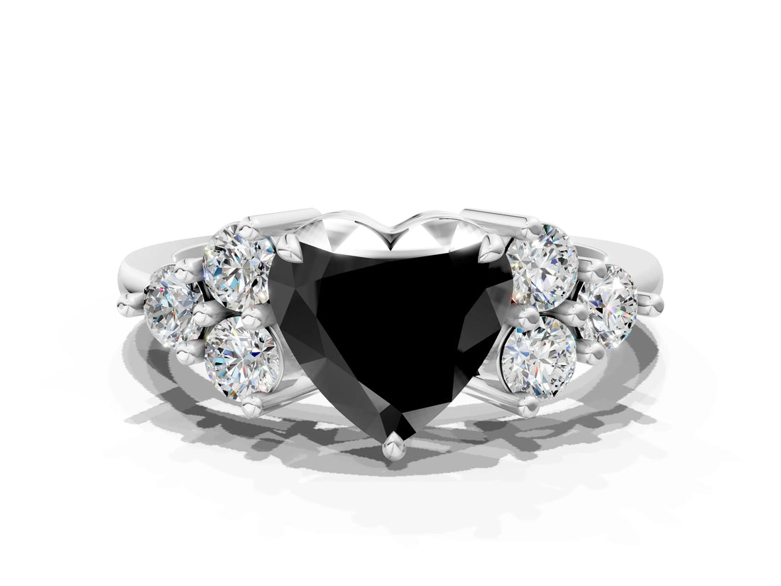 White gold Fancy Black Heart Cut Brilliant Diamond Cluster Accent Solitaire Ring with Prong Setting_12