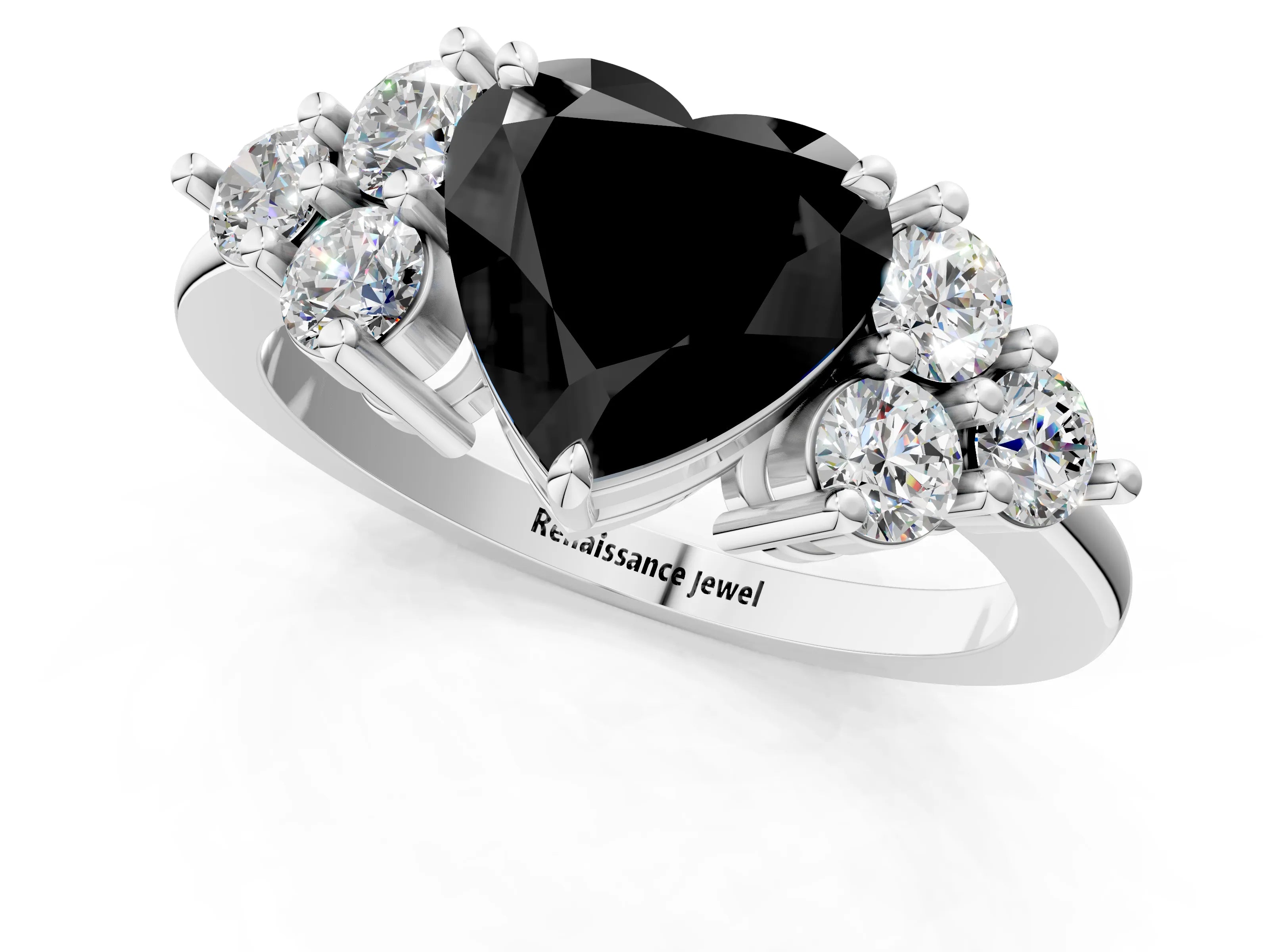 White gold Fancy Black Heart Cut Brilliant Diamond Cluster Accent Solitaire Ring with Prong Setting_13