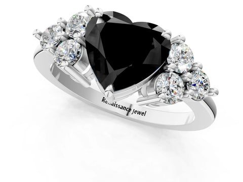 White gold Fancy Black Heart Cut Brilliant Diamond Cluster Accent Solitaire Ring with Prong Setting_13