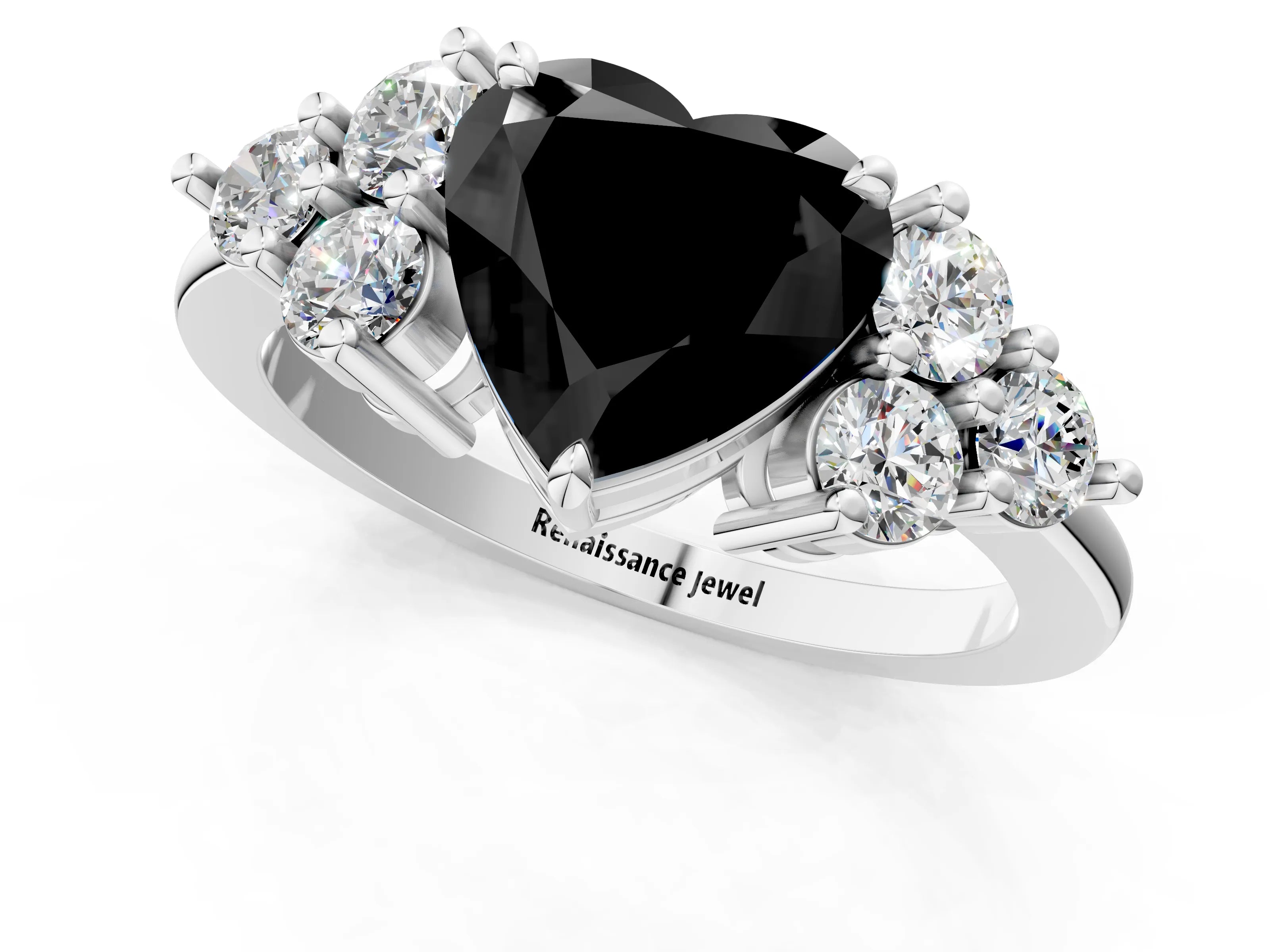 White gold Fancy Black Heart Cut Brilliant Diamond Cluster Accent Solitaire Ring with Prong Setting_1
