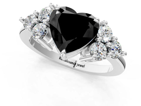 White gold Fancy Black Heart Cut Brilliant Diamond Cluster Accent Solitaire Ring with Prong Setting_1