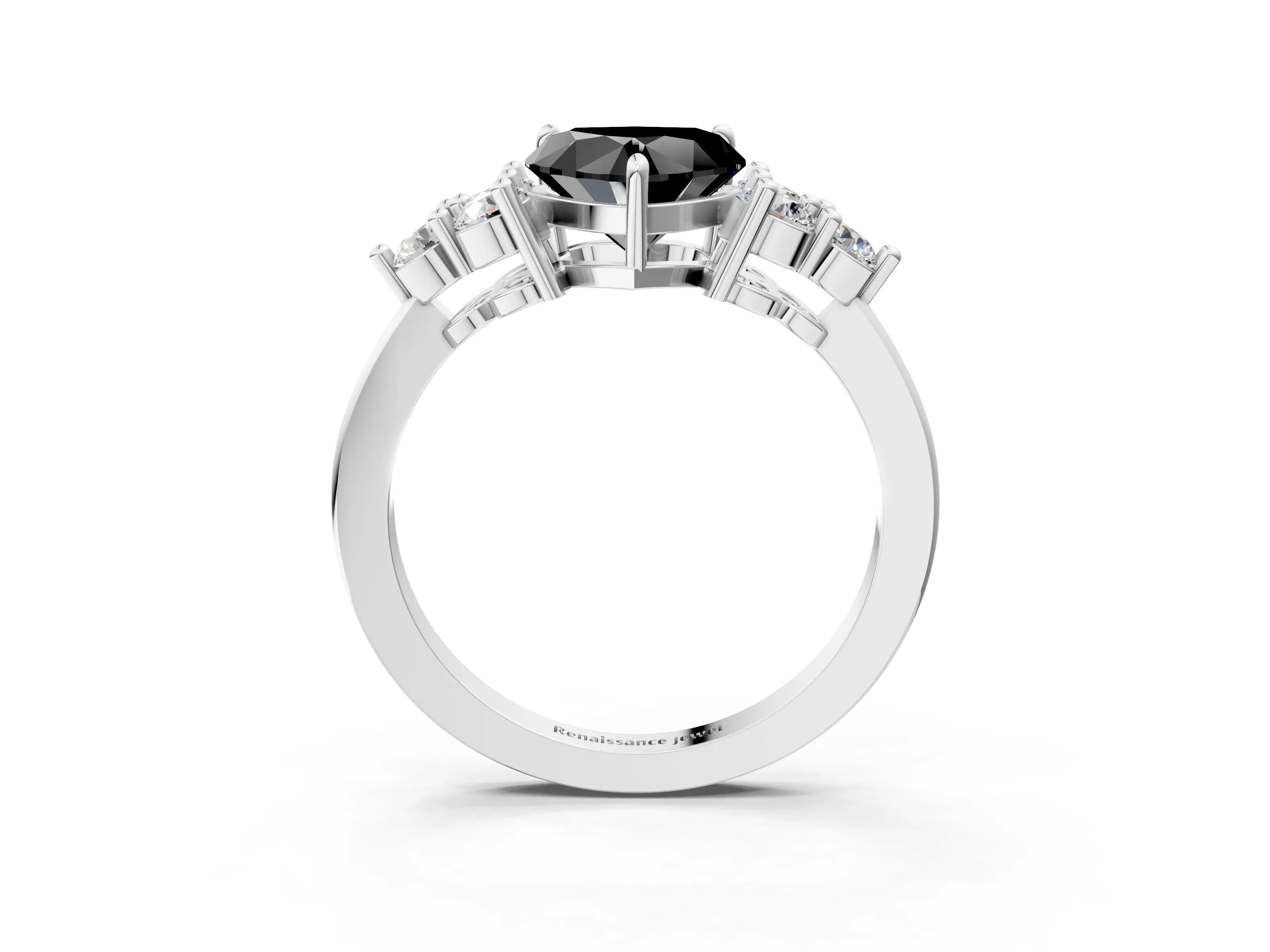 White gold Fancy Black Heart Cut Brilliant Diamond Cluster Accent Solitaire Ring with Prong Setting_3