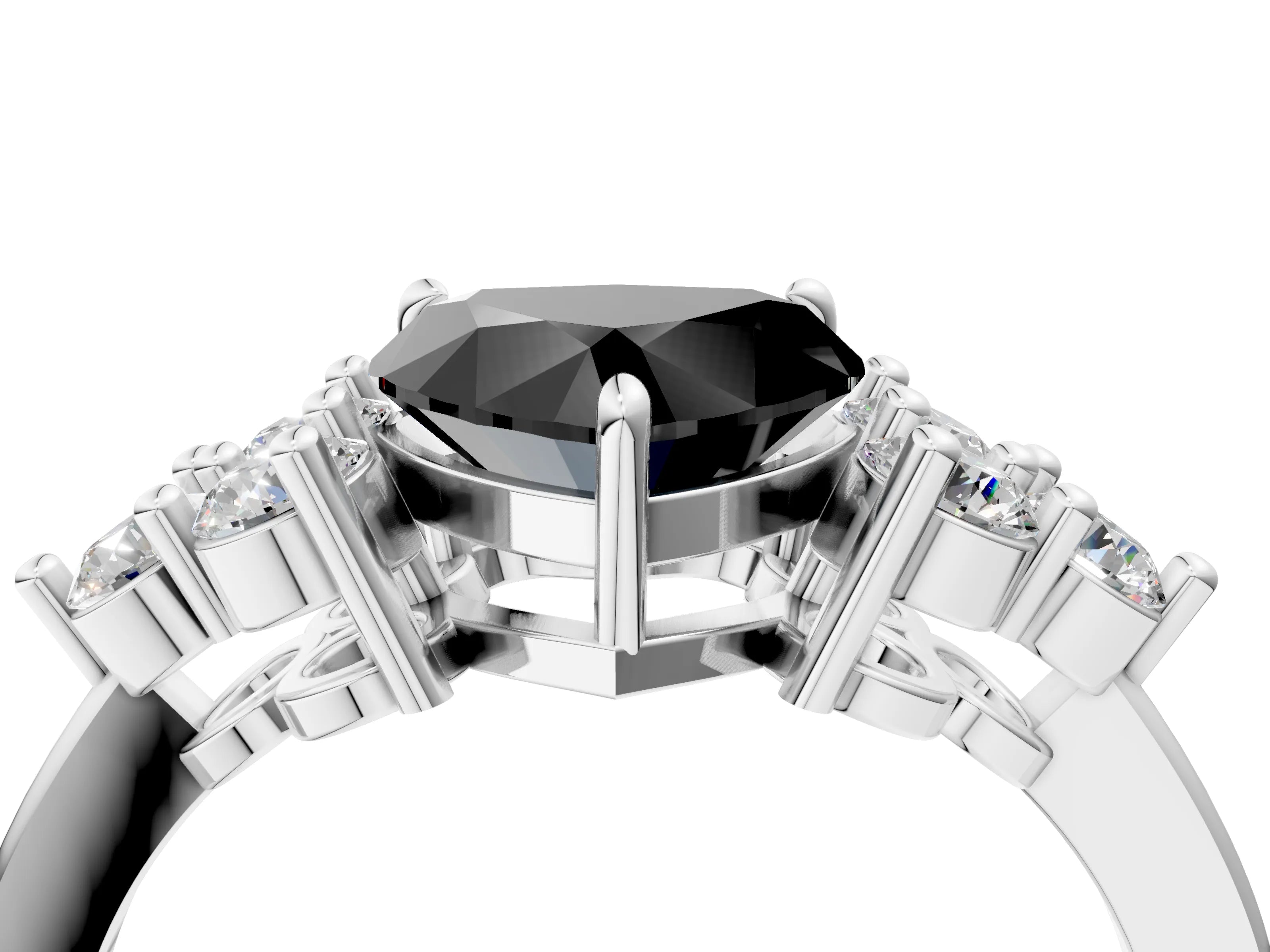 White gold Fancy Black Heart Cut Brilliant Diamond Cluster Accent Solitaire Ring with Prong Setting_4
