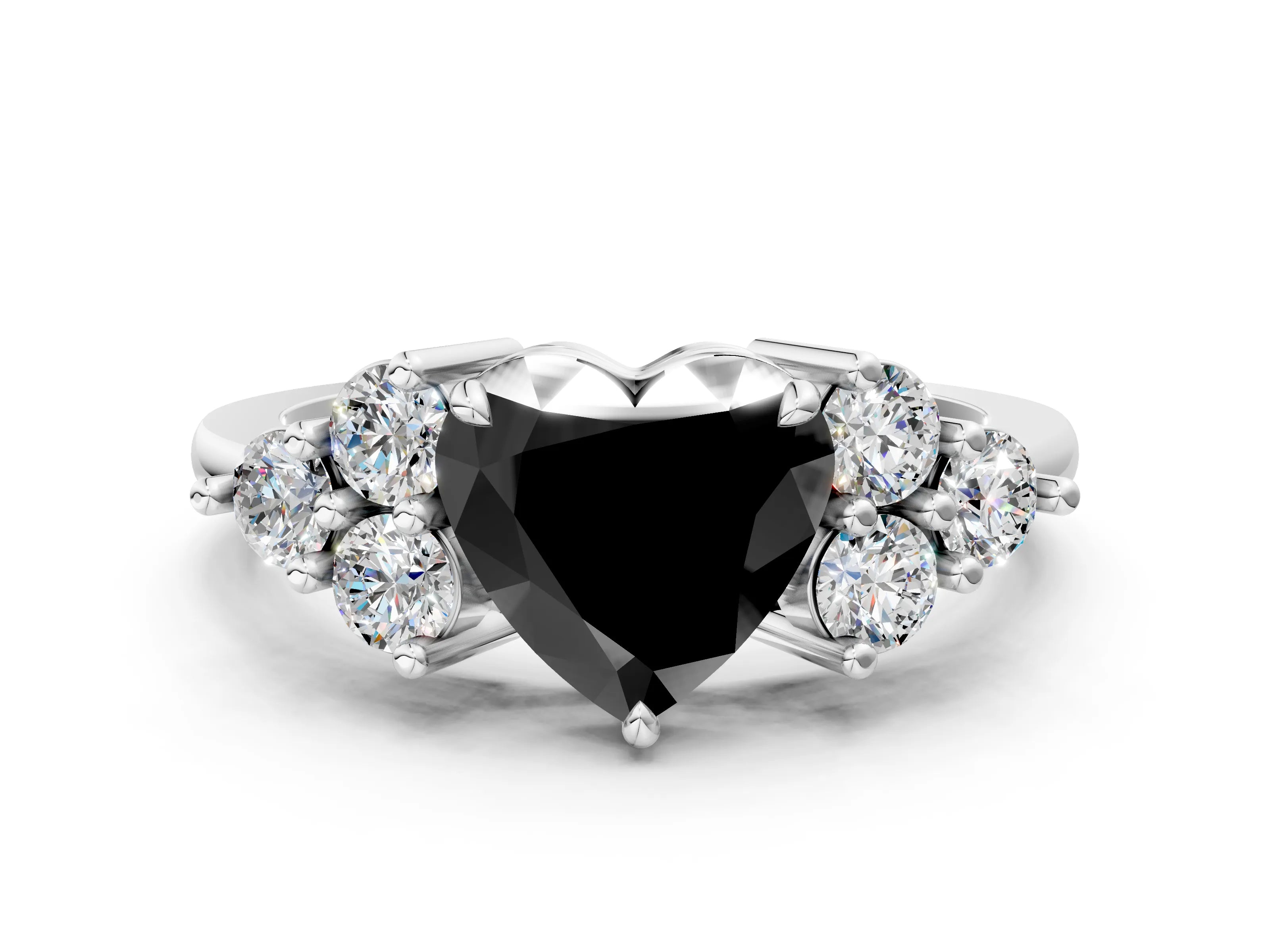 White gold Fancy Black Heart Cut Brilliant Diamond Cluster Accent Solitaire Ring with Prong Setting