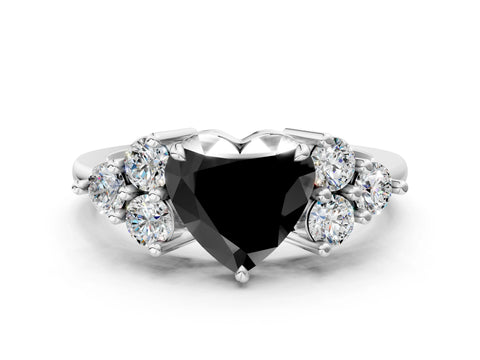 White gold Fancy Black Heart Cut Brilliant Diamond Cluster Accent Solitaire Ring with Prong Setting