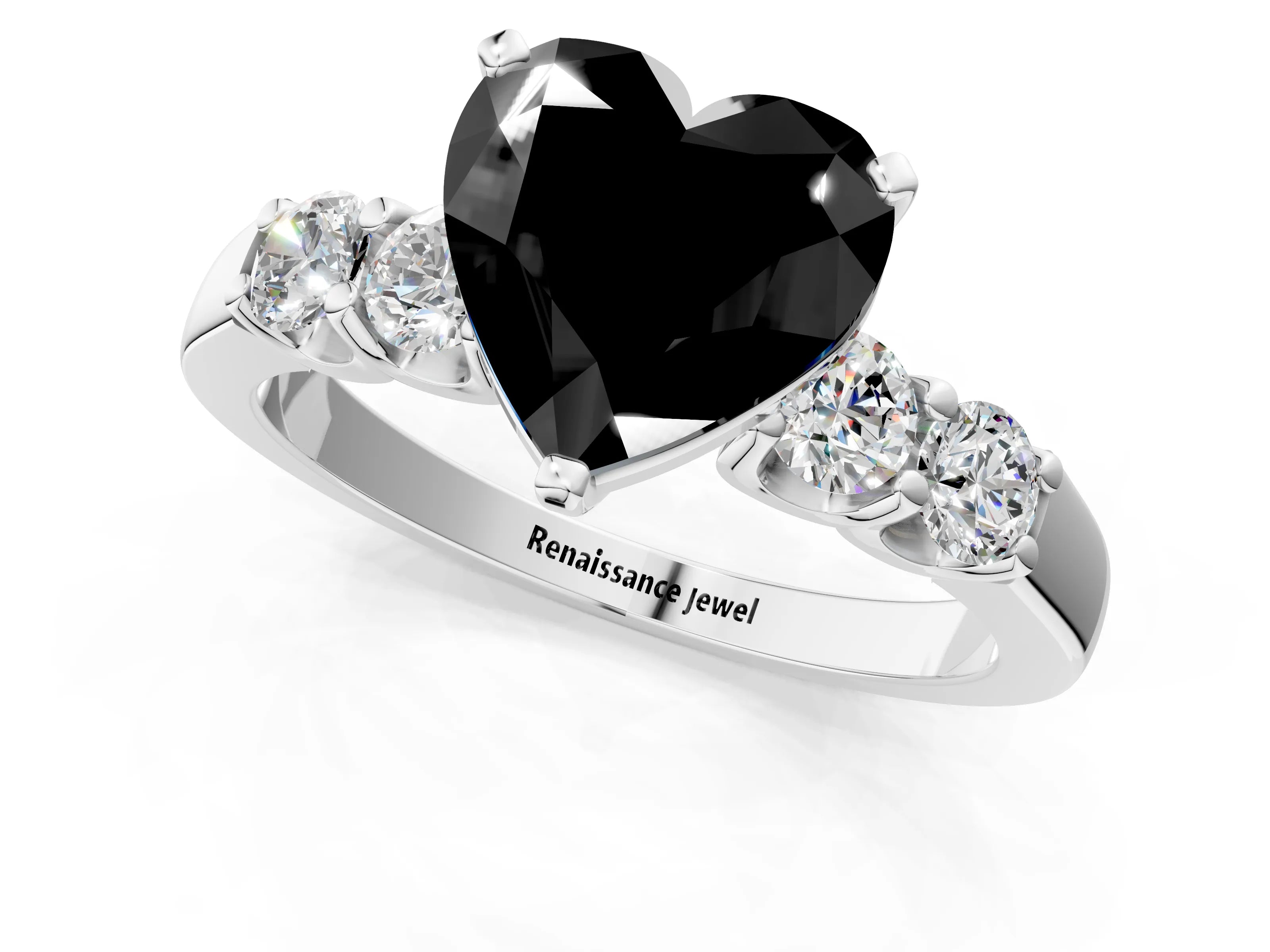 White gold Fancy Black Heart Cut Brilliant Diamond Five-Stone Engagement Ring with Prong Setting on a Classic Band_4